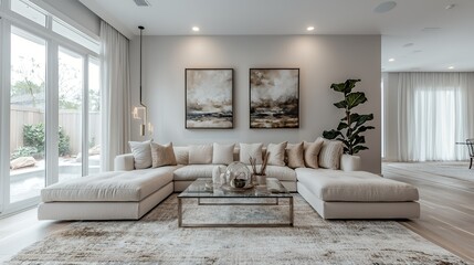 Fototapeta premium Modern living room with sectional sofa, two abstract paintings, a glass coffee table, and a leafy plant.