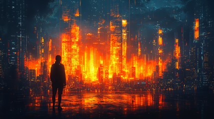Fototapeta premium A lone figure stands before a futuristic city glowing in fiery orange light, reflected in the water below.