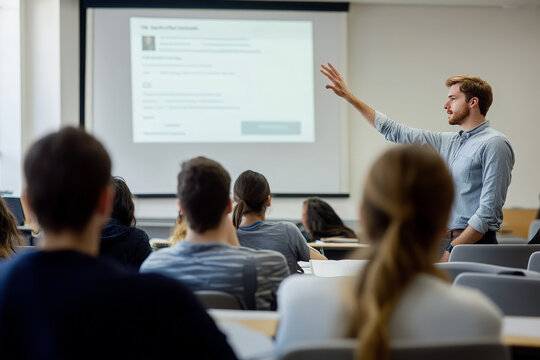A young male professor gives a presentation to a class of students. He stands at the front of the classroom with his hand raised, gesturing towards a projection screen, while the students sit at desks
