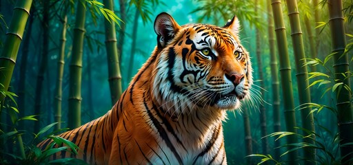 A beautiful tiger with green eyes gazes upward in a bamboo forest with a bright neon background