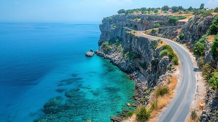 A coastal road winds dramatically along cliffs with the turquoise sea below, creating a breathtaking journey by the water�s edge.