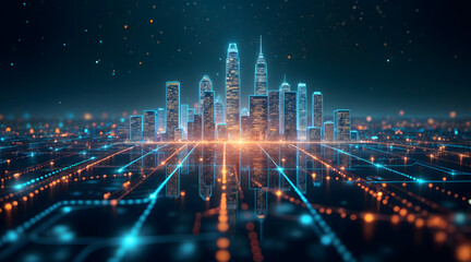 Futuristic smart cityscape with illuminated digital grid at night