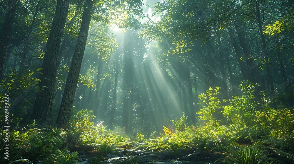 Poster golden sunbeams stream through the trees and foliage of a forest, creating a magical play of light a