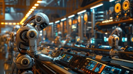 Fototapeta premium A high-tech factory environment with robotic arms performing assembly tasks and live production data displays.