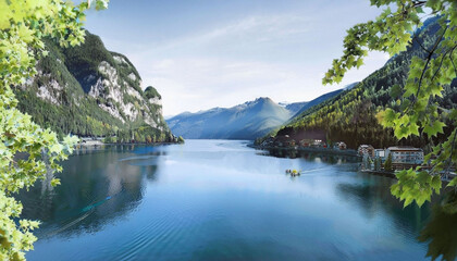 Naklejka premium A breathtaking panoramic view of a serene lake surrounded by towering mountains and lush greenery.