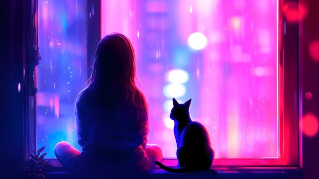 A girl and a cat sit together on windsill before an window, with a neon-lit city outside
