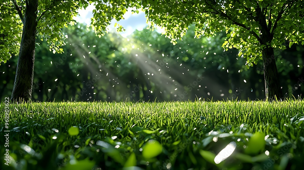 Poster sunlight filters through trees and brightens green grass, creating a serene forest scene filled with