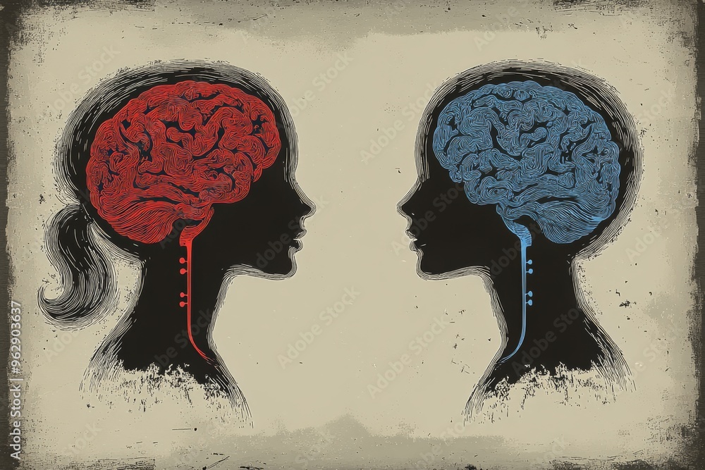 Poster brain tech neurochemistry a couple with neon brains facing each other symbolizing emotional tension 