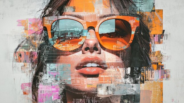 Artistic urban collage portrait of a woman with sunglasses, ideal for modern art blogs and creative advertising campaigns