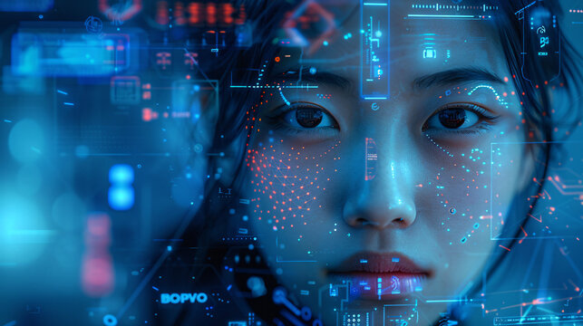 An Asian woman integrated with advanced robotic technology, surrounded by digital interfaces and plenty of copy space above and below for additional content