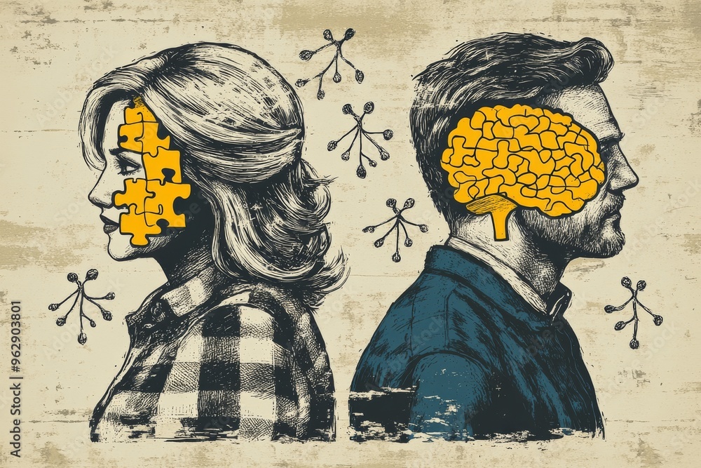 Poster neural augmentation neurochemistry two figures puzzle brains walking towards each other symbolizing 