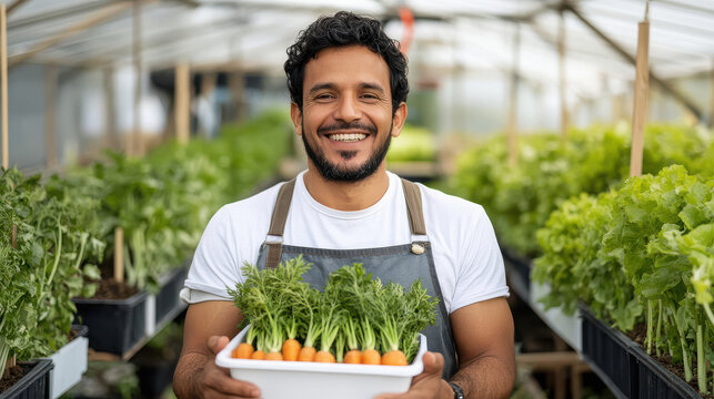 Happy indian man holding container of harvested carrots