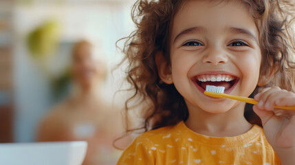 happy indian parent and child brushing the daughter's teeth