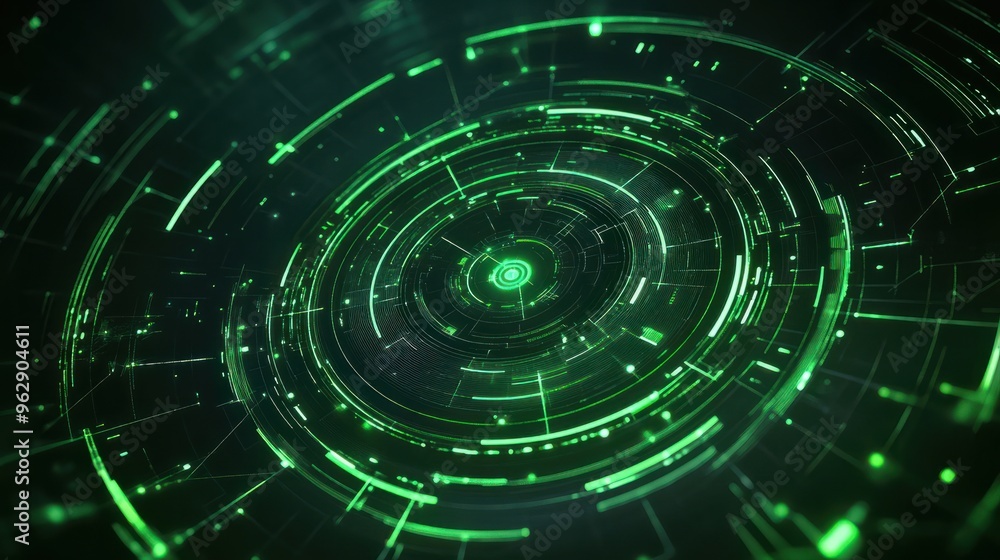 Poster circular design with green lines and arcs, futuristic radar like technology image