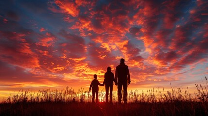 Fototapeta premium A beautiful sunset silhouette of a family standing together against a radiant sky of red, orange, and pink hues.
