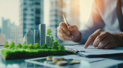 Close-up of a civil engineer calculating the carbon footprint of a new green construction project, sustainability reports in the background 9
