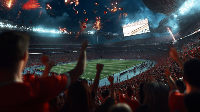 a nighttime football stadium filled with a cheering crowd, capturing the excitement of an intense match.
