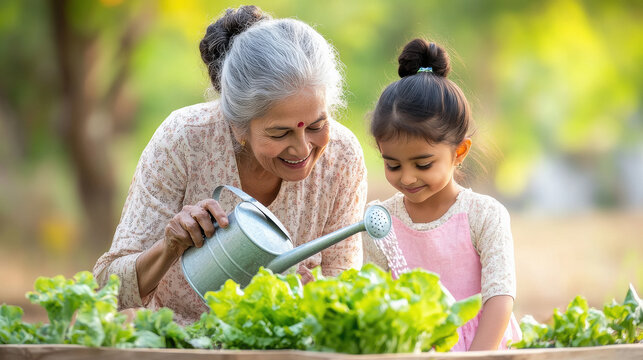 grandmother and granddaughter watering a small urban garden with lettuce and other vegetables