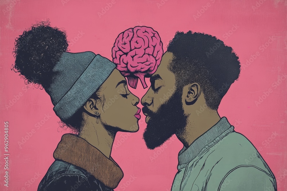 Poster neuro interfaces neurochemistry a couple in a cosmic embrace with glowing neural bodies symbolizing 