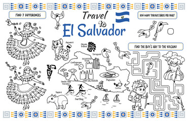 A fun placemat for kids. Printable “Travel to El Salvador” activity sheet with a labyrinth and find the differences. 17x11 inch printable vector file