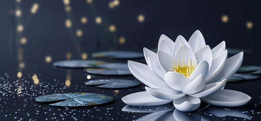 A single white water lily with yellow center blooms in a pond, surrounded by lily pads. The water surface is dark and shimmering with golden lights and raindrops.