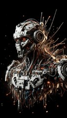 a broken robot with exposed wires and sparks