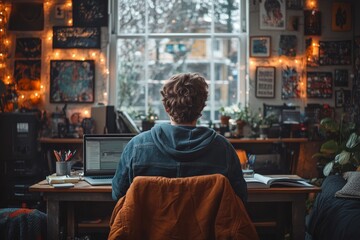 Obraz premium A student sitting at a desk in a dorm room. Generative AI