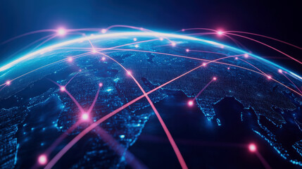 Fototapeta premium A visually stunning representation of global connectivity, showcasing illuminated networks and satellite communication over the Earth.
