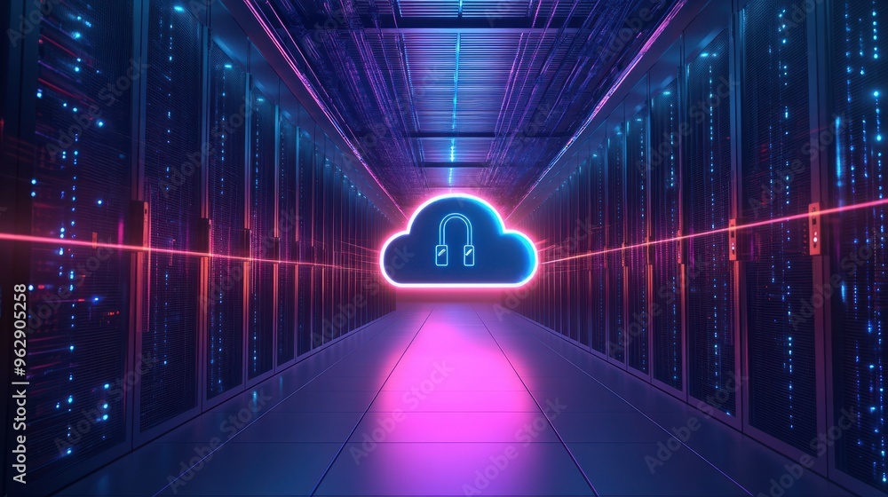 Poster data center with secure cloud locks, representing advanced digital protection and network security i
