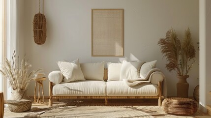 Naklejka premium Stylish beige boho living room with mockup poster, elegant decor, dried flowers, wooden console, and rattan hut. Template.