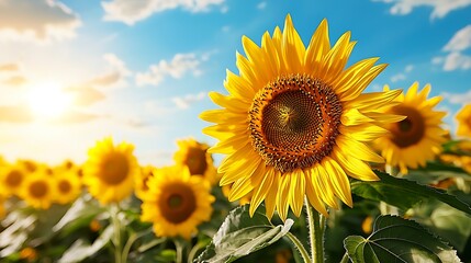 Obraz premium A vibrant sunflower field basks in the sunlight, with bright blue sky and sunbeams adding a joyful touch.