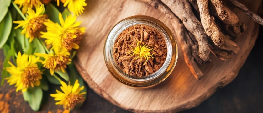 Rhodiola rosea extract in a small glass jar with vibrant rhodiola flowers, roots, and a wooden board