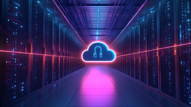Data center with secure cloud locks, representing advanced digital protection and network security in a high-tech environment.