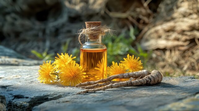 Dandelion root extract in a small bottle with fresh dandelion flowers, roots, and a natural stone surface