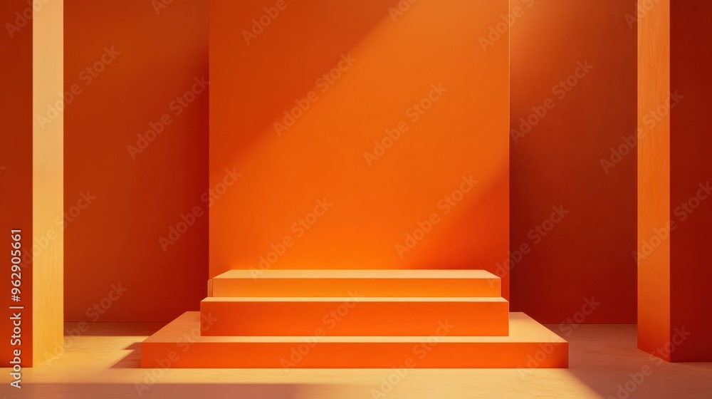 Poster display platform backdrop of empty orange cube podium product stage of geometric stand pedestal scen