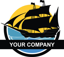 vector illustration of a logo of a sailing ship with an evening sky background