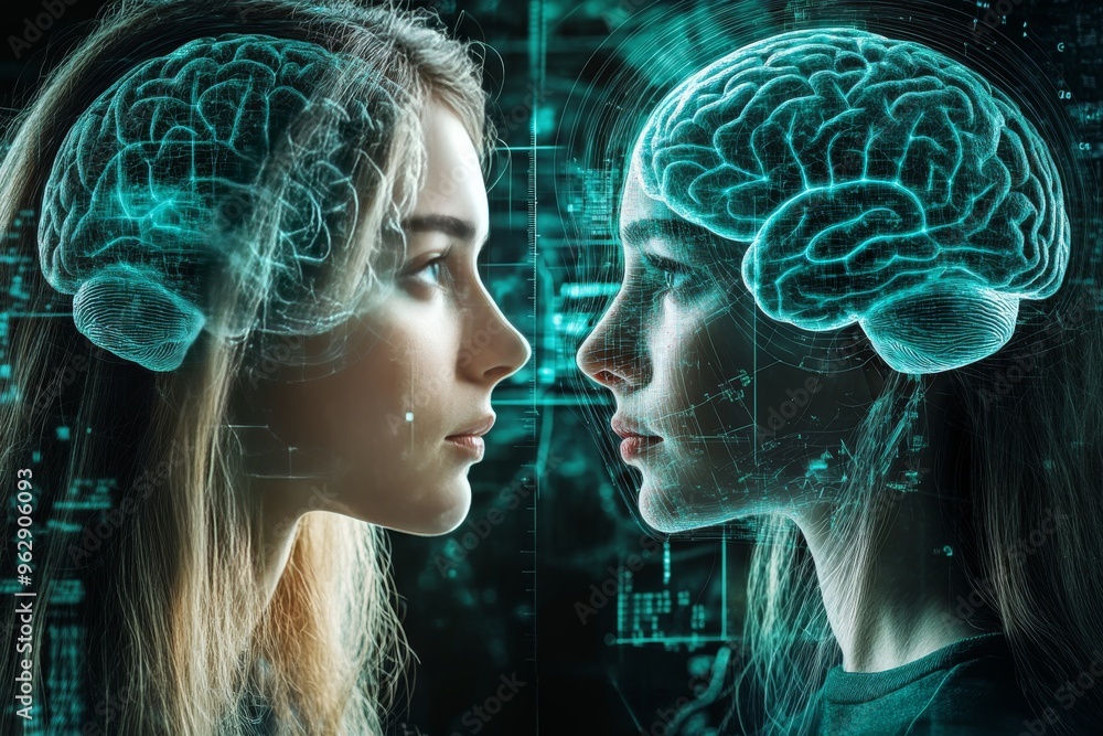 Aufkleber mental cognition limbic system high tech digital brain analysis between two women symbolizing advanc