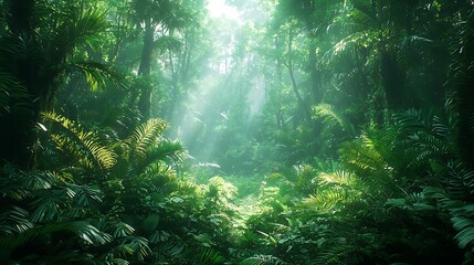 Obraz premium A lush tropical rainforest is bathed in sunlight streaming through the canopies, creating a serene and vibrant natural sanctuary.