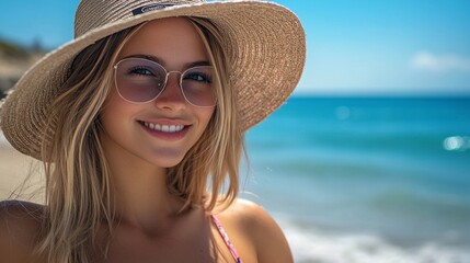 A young woman smiles brightly at the beach. She wears a stylish wide-brimmed hat and sunglasses. The sunny day enhances the cheerful mood. Perfect for summer vibes and lifestyle themes. AI