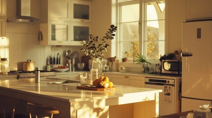 A cozy and warmly lit modern kitchen with sunlight streaming in, creating a welcoming and homely atmosphere.