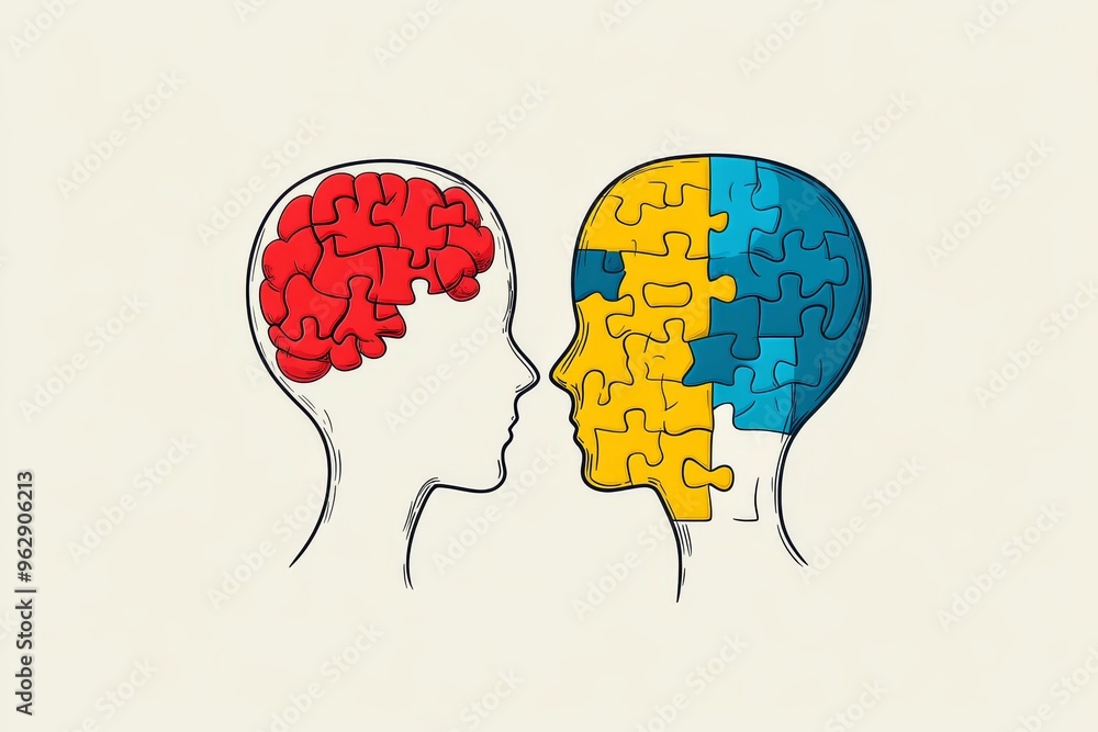 Poster cognitive science limbic system puzzle brain illustration showing conceptual human thoughts and ment
