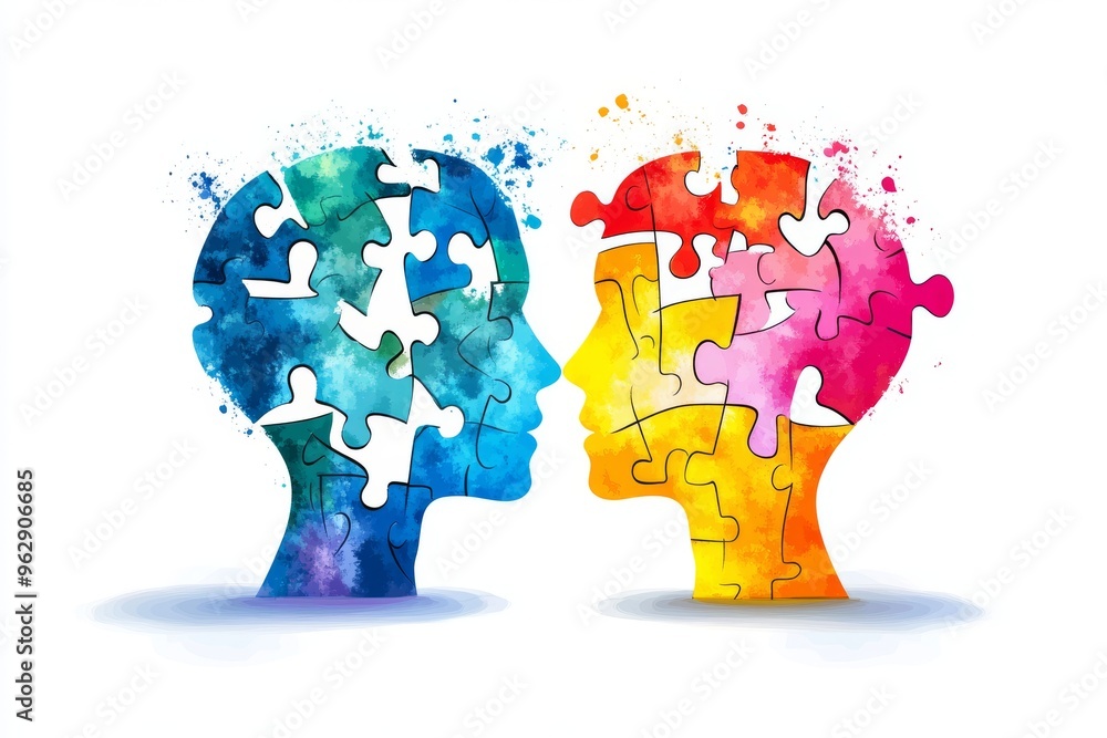 Poster brain research limbic system colorful puzzle brain heads symbolizing cognitive problem solving and h