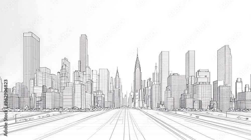 Poster a cityscape architecture line drawing captures the essence of urban design with clean, precise sketc