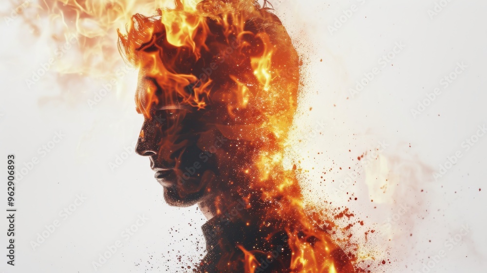 Poster an intense image of a man's profile engulfed in vivid flames, with details of fire and sparks creati