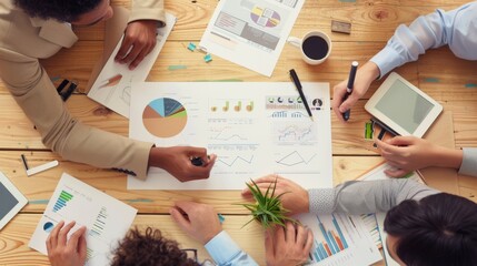 A collaborative team of professionals huddles around a wooden table filled with charts, graphs, and digital tablets, working together to analyze data and strategize.