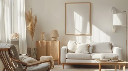 Cozy living room with soft lighting, a plush white sofa, and minimalist decor, exuding a warm and inviting atmosphere.