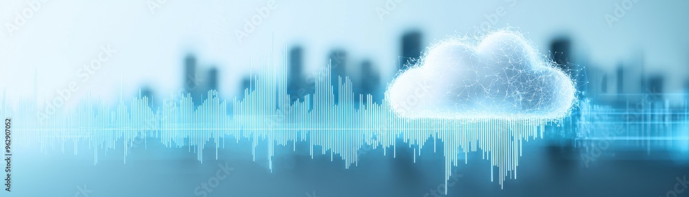 Aufkleber abstract representation of cloud computing with city skyline and digital sound waves, illustrating t