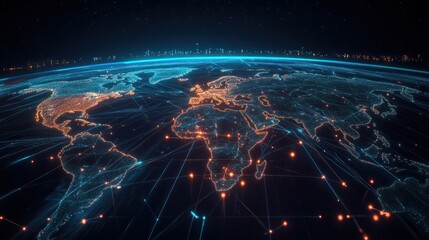 Global business network with world map and connecting flight paths