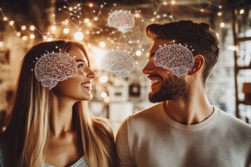 Neurocognitive Limbic system Smiling couple with exposed brain anatomy symbolizing intellectual and emotional connection in a social setting