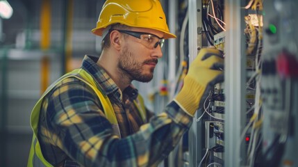 An electrician in a hard hat and safety vest is deeply engaged in wiring, displaying meticulous attention to detail in a complex industrial setting.